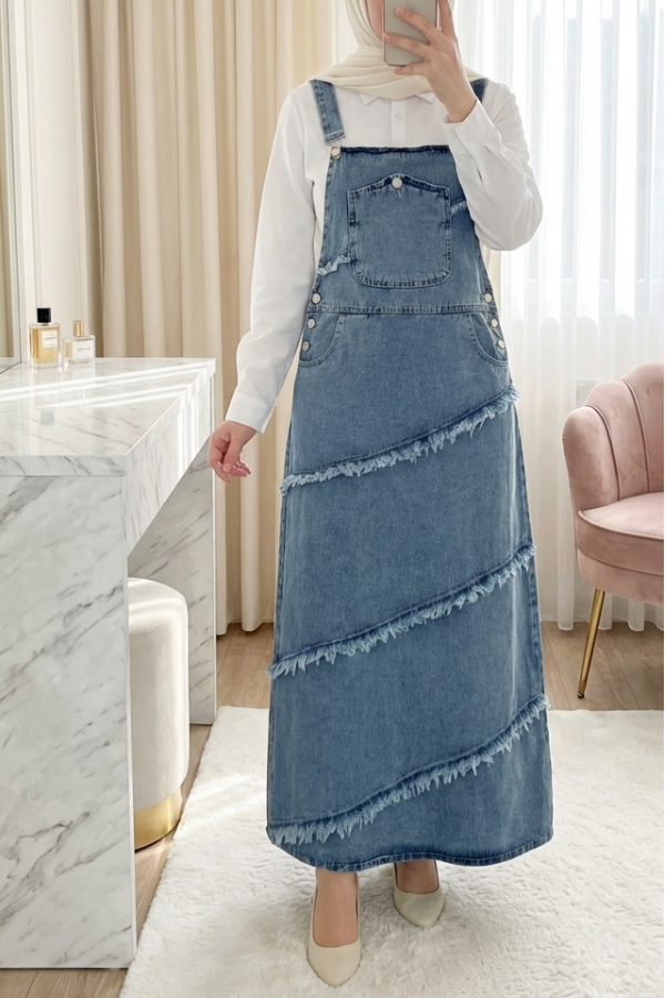 Denim Overalls with Pockets, Side Buttons and Tassel Detail -Ice Blue