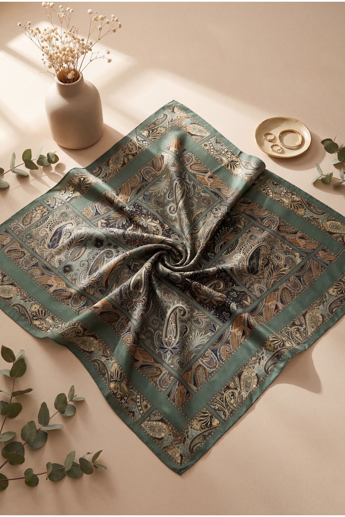 Geometrik Çerçeveli Rayon Eşarp -Çağla Yeşili