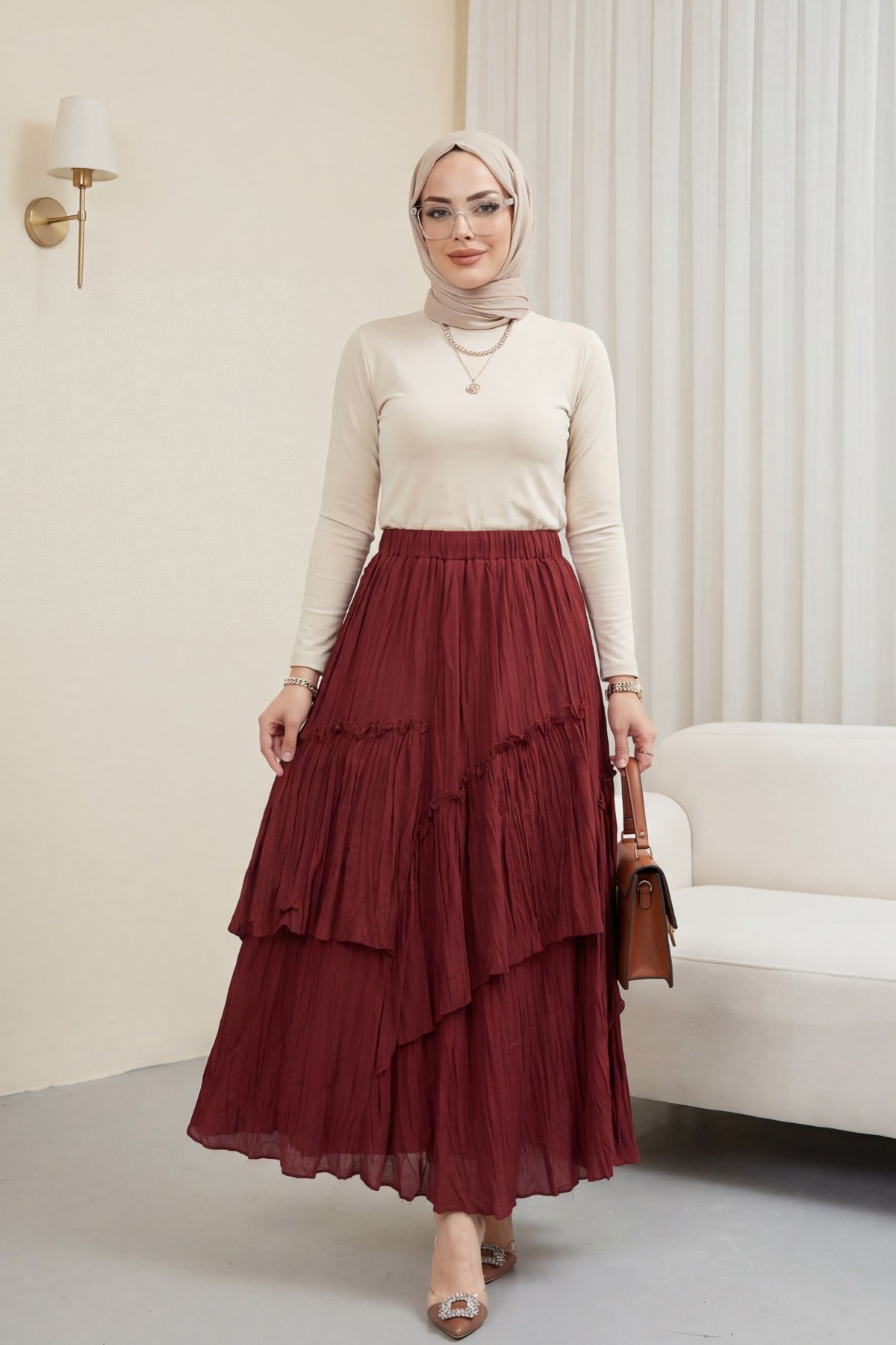 Elasticated Waist Linen Voile Layered Skirt -Maroon