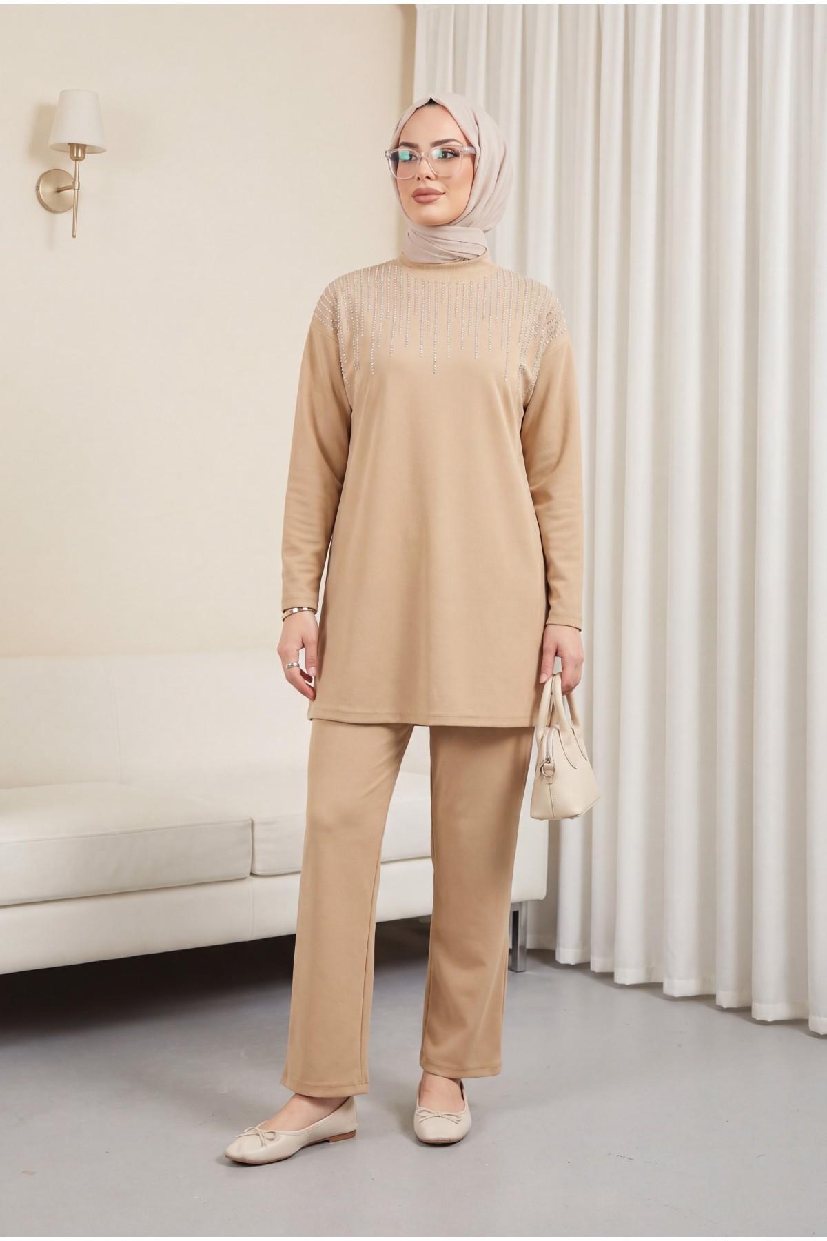 Judge Collar Front Stone Detailed Trousers Suit  -Mink color