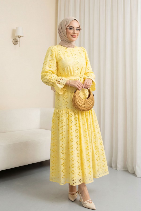 Crew Neck, Ruffled, Elasticated Sleeves, Lined Long Linen Dress -أصفر