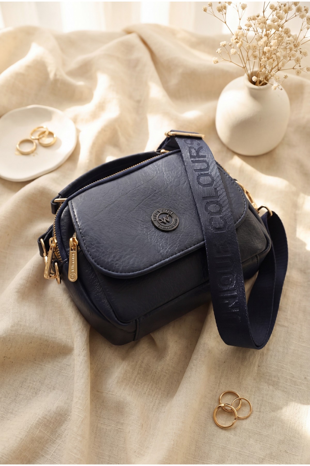 Wide Woven Strap Multi-Compartment Crossbody Women's Bag -Navy blue