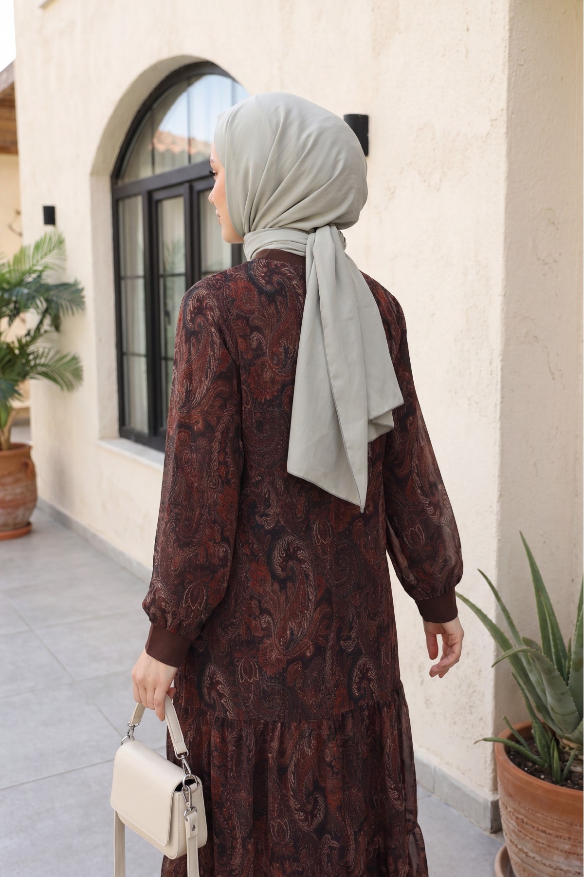 Ethnic Pattern Skirt Piece Lined Chiffon Dress  -Damson