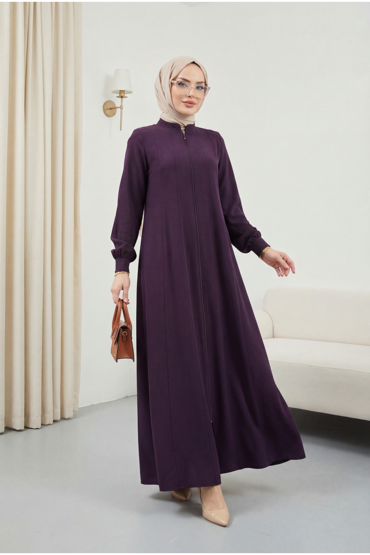 Side Pocket, Full Zipper, Elastic Sleeve Abaya - Purple