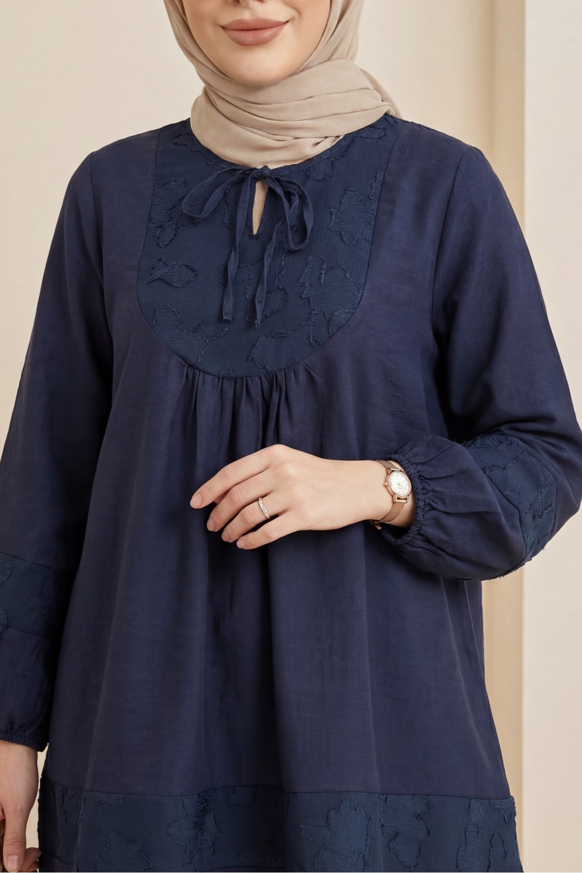 Modal Tunic with Tie Neckline and Elasticated Sleeves -Navy blue