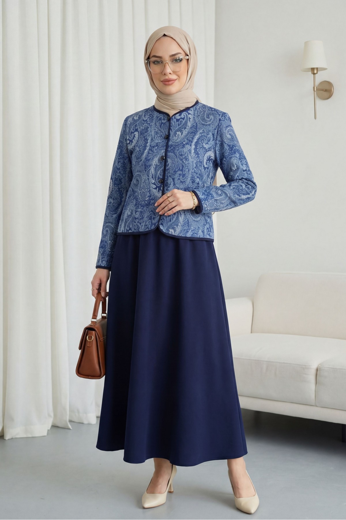 Top Button Ethnic Pattern Crepe Skirt Set -Navy blue