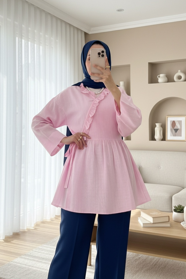 Yakası Fırfırlı Yandan Bağlamalı Keten Görünümlü Kimono  -Pembe
