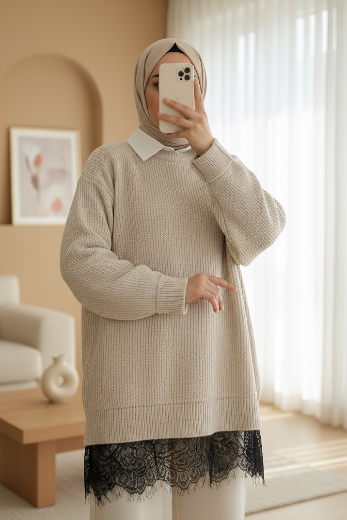 Knitted Sweater with Lace Detail on the Skirt -Cream color