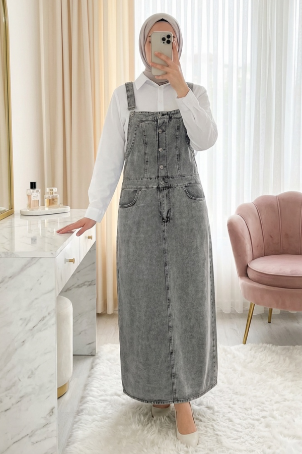 Half-buttoned denim overalls with pockets -Smoked 