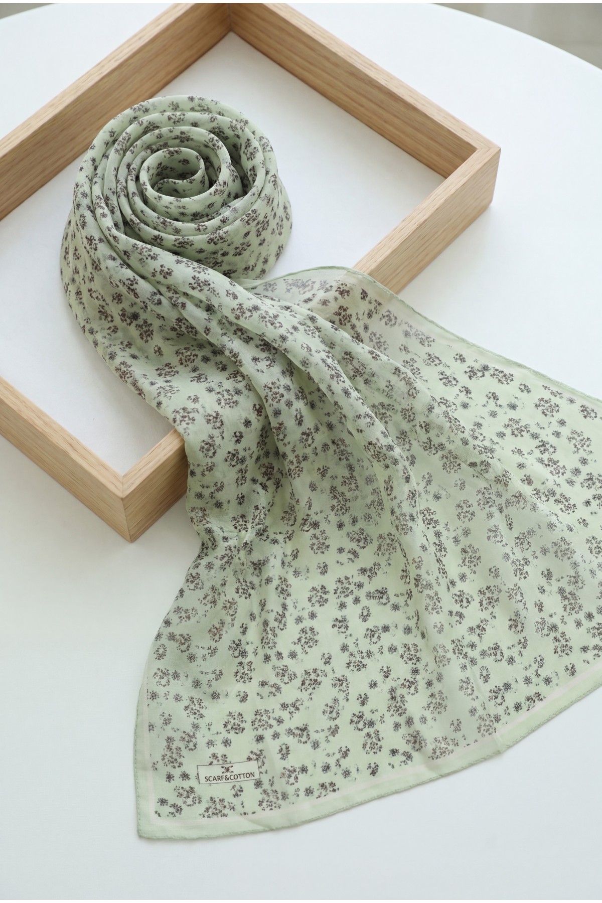 Crisp Floral Patterned Voile Scarf -Sea green