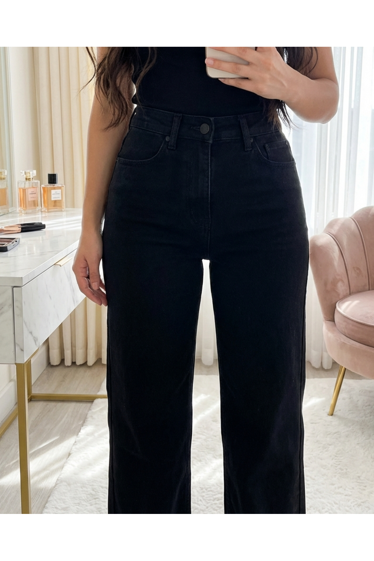Palazzo Jeans with Pockets and Zipper -Black detay görseli