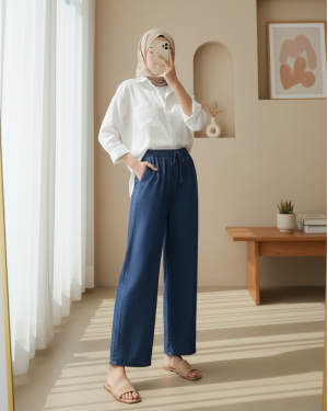 Bol Paça Beli Lastikli Bağcık Detaylı Kot Pantolon  -Koyu Mavi