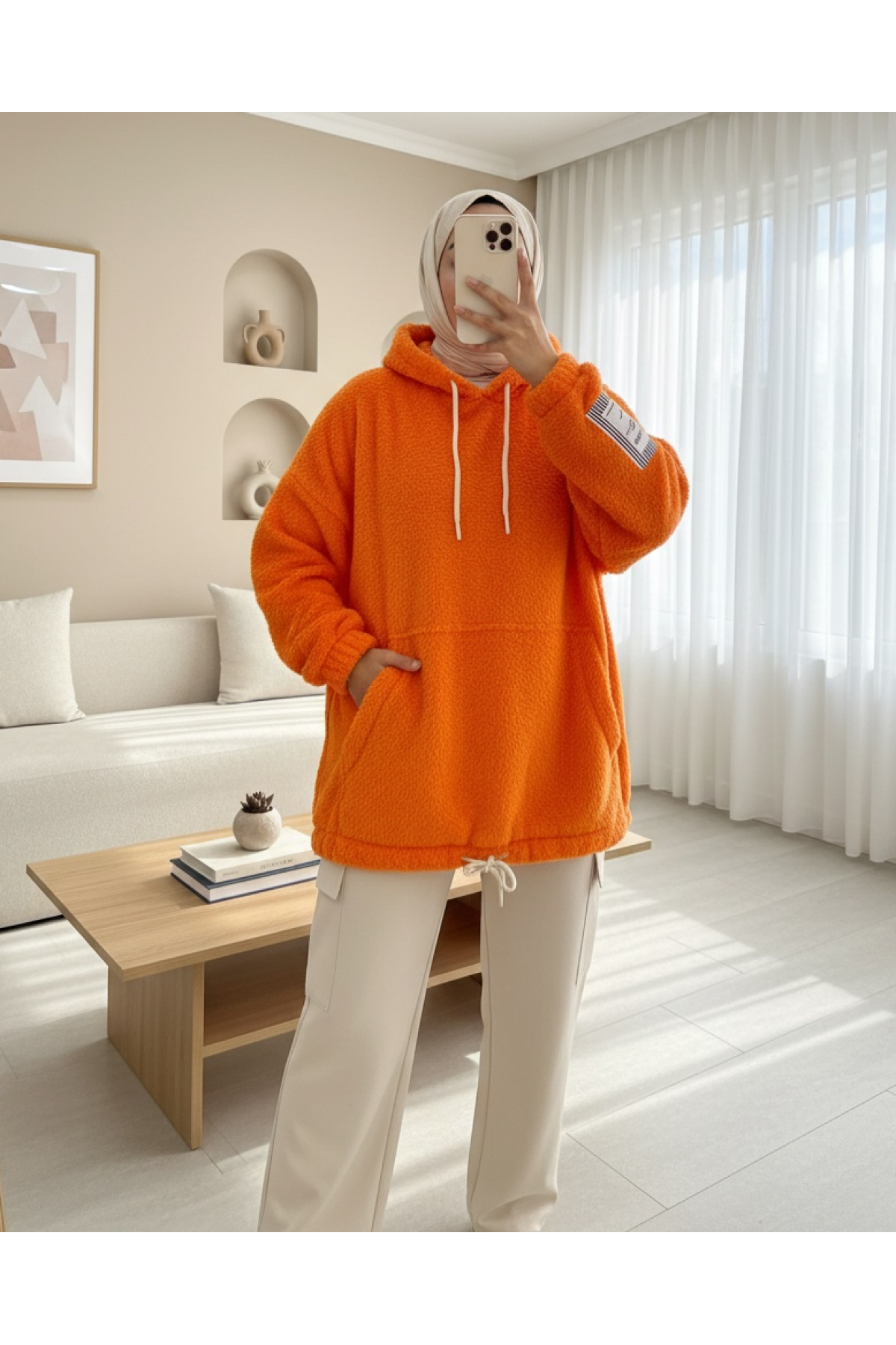Kangaroo Pocket Hooded Lace-up Plush Sweat -Orange
