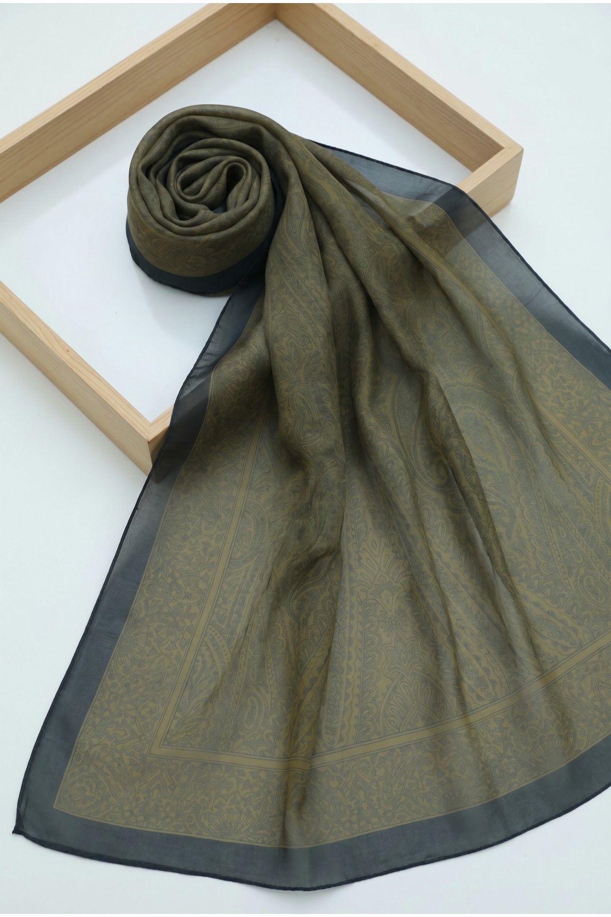 Ethnic Patterned Voile Scarf -Mustard