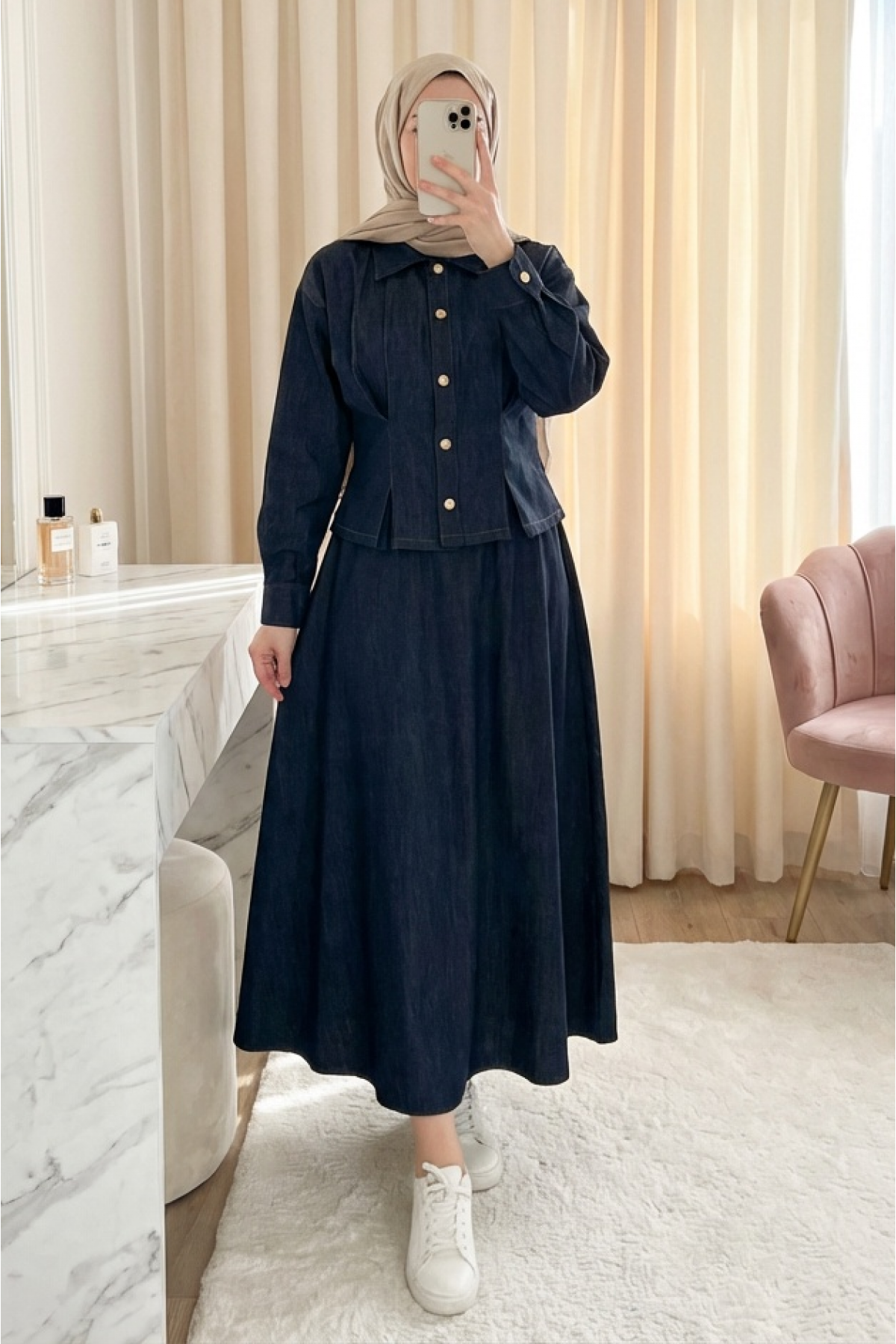 Snap-Button Shirt Collar Two-Piece Hijab Denim Skirt Set