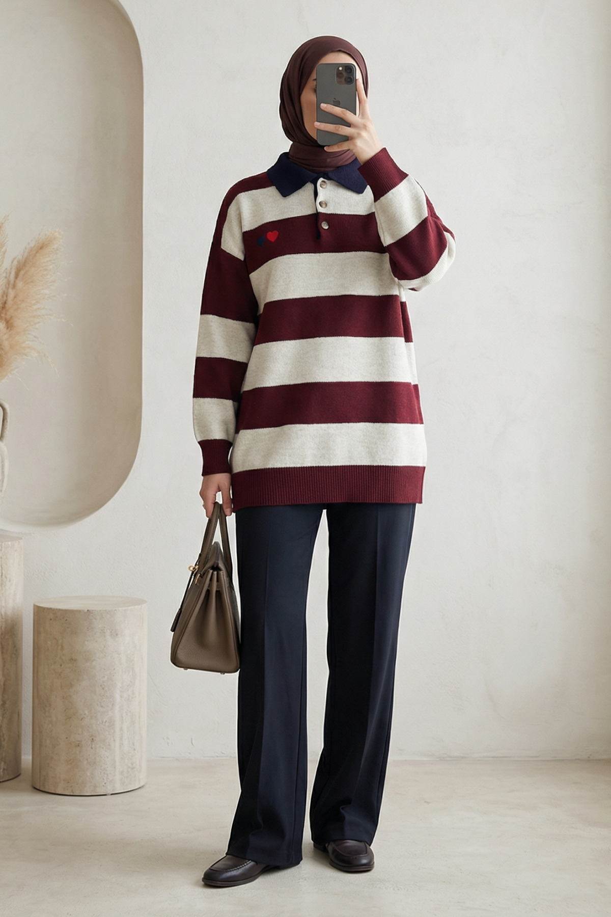 Shirt Collar Buttoned Heart Embroidered Knitted Tunic -Maroon