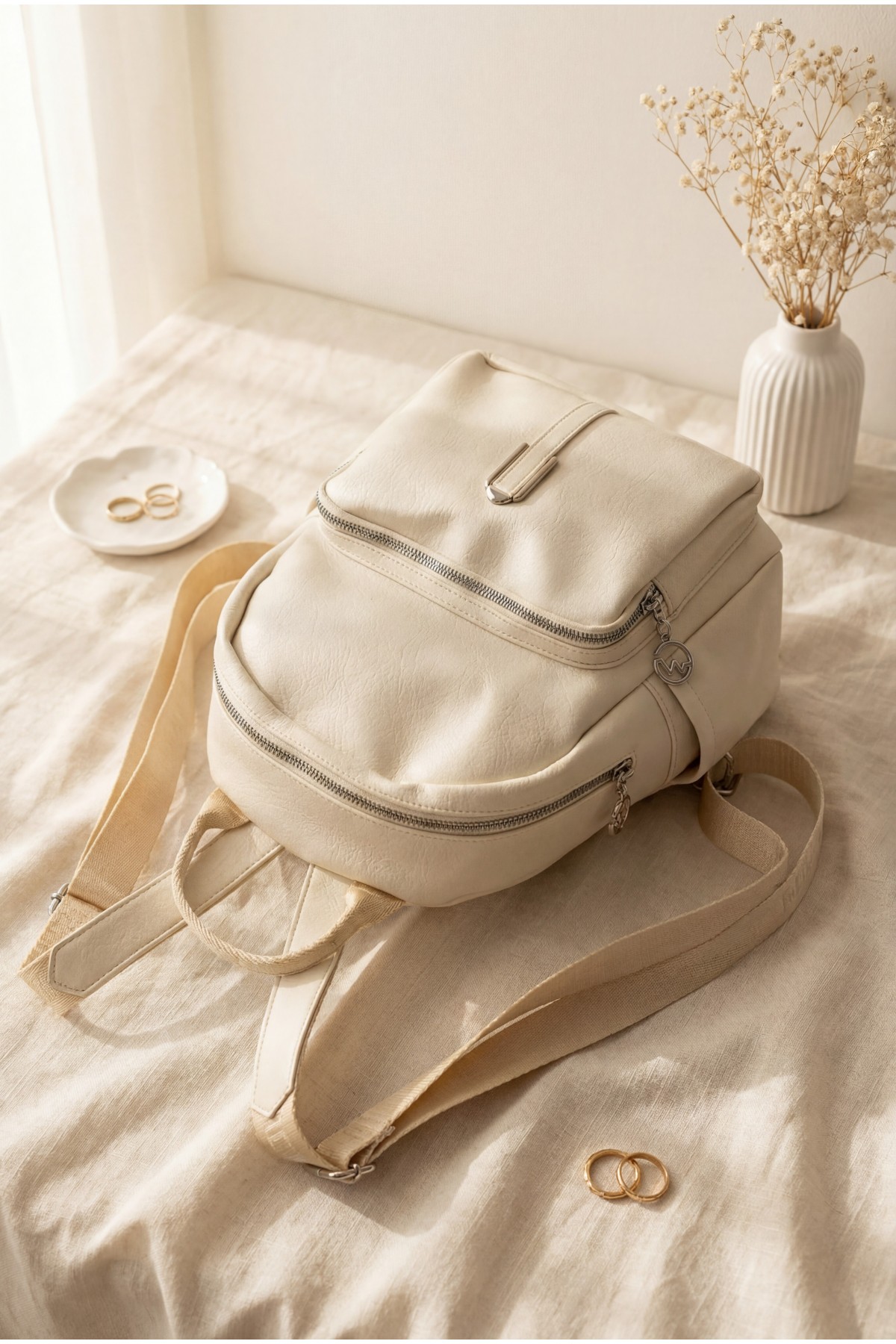 Woven Strap Double Zip Women's Backpack -Cream color