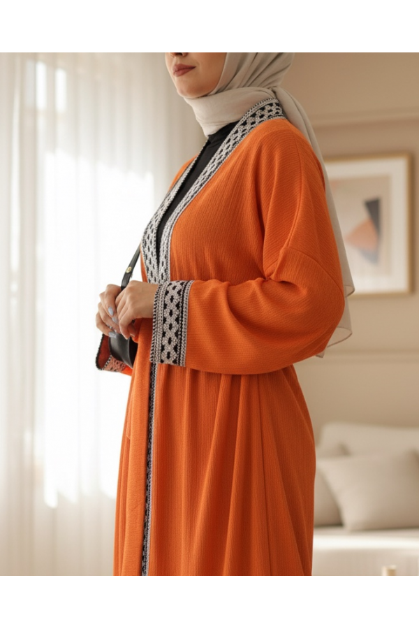 Etnik Şeritli Bağcıklı Uzun Kimono -Turuncu