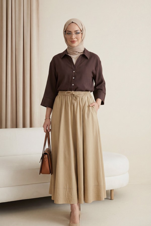 V-Neck Buttoned Short-Sleeve Modal Shirt -Dark Coffee