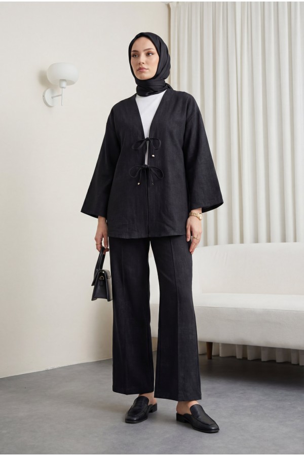 Linen Kimono Set with Front Tie-Up Trousers -Black