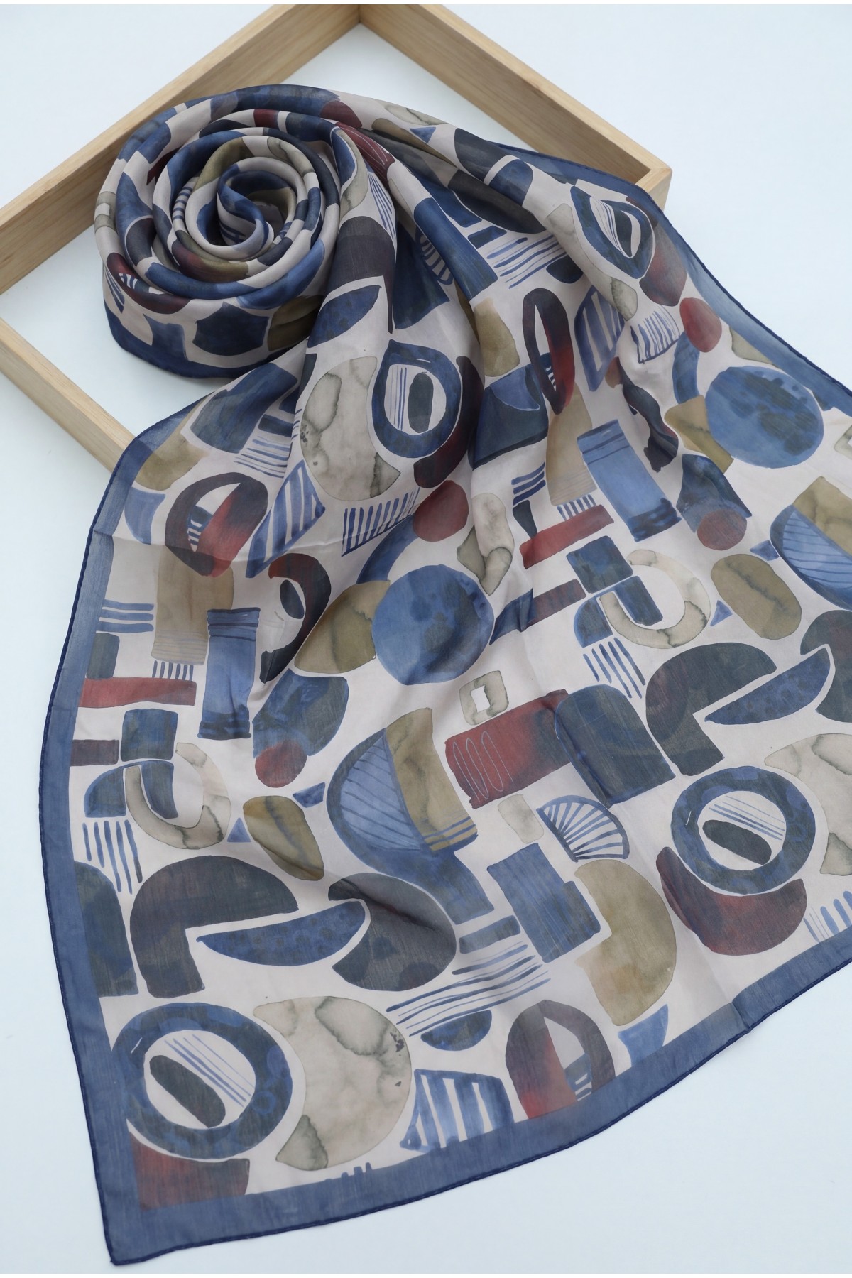 Watercolor Textured Graphic Pattern Cotton Scarf -İndigo