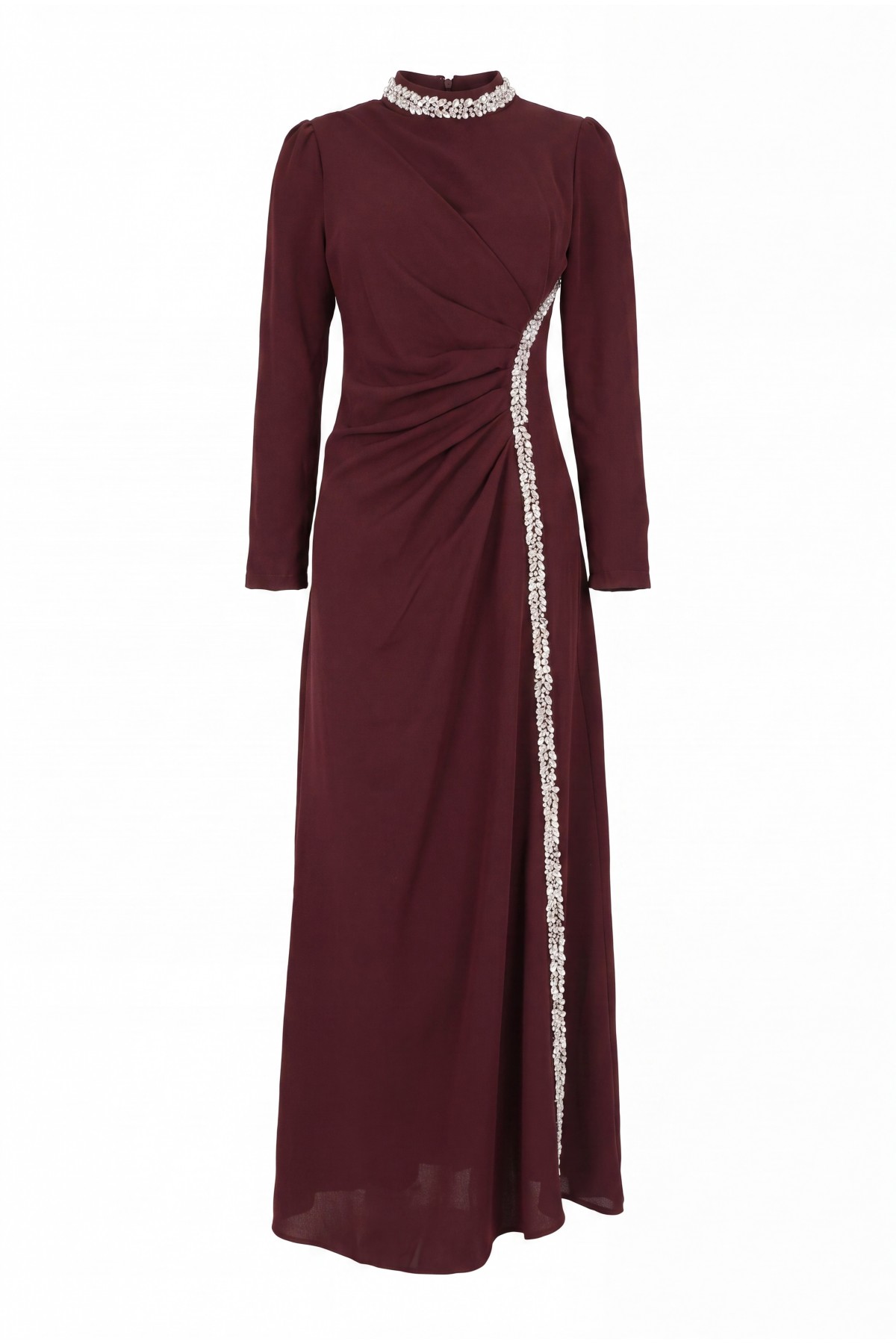 Crepe Evening Dress with Stone Embellishments on the Neckline and Sides -Dark Bordo