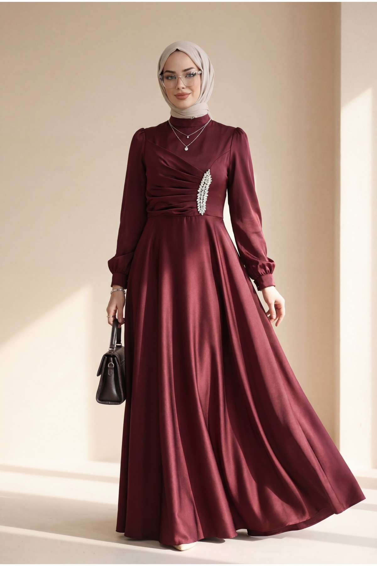 Satin Dress with Draped Front and Stone Embellishments -Maroon