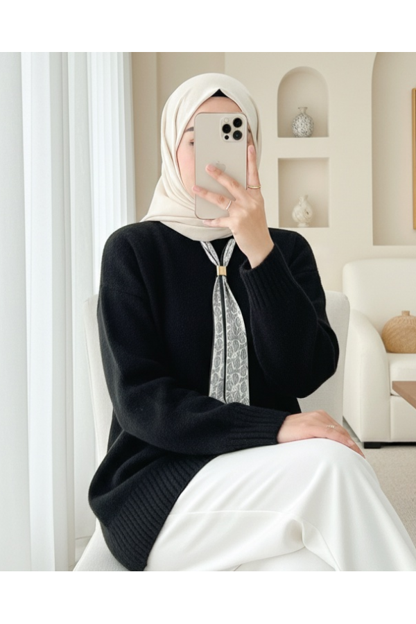 Soft Knitted Sweater with Scarf -Black