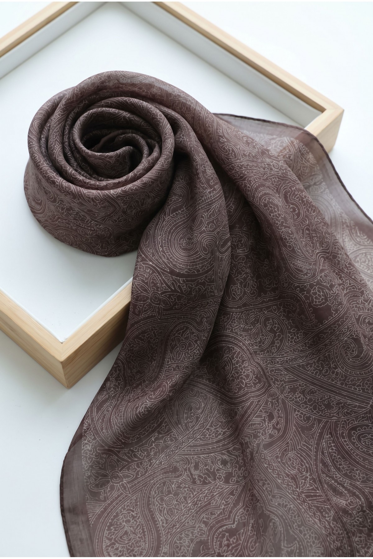 Fine Line Embroidered Cotton Scarf -Dark Coffee