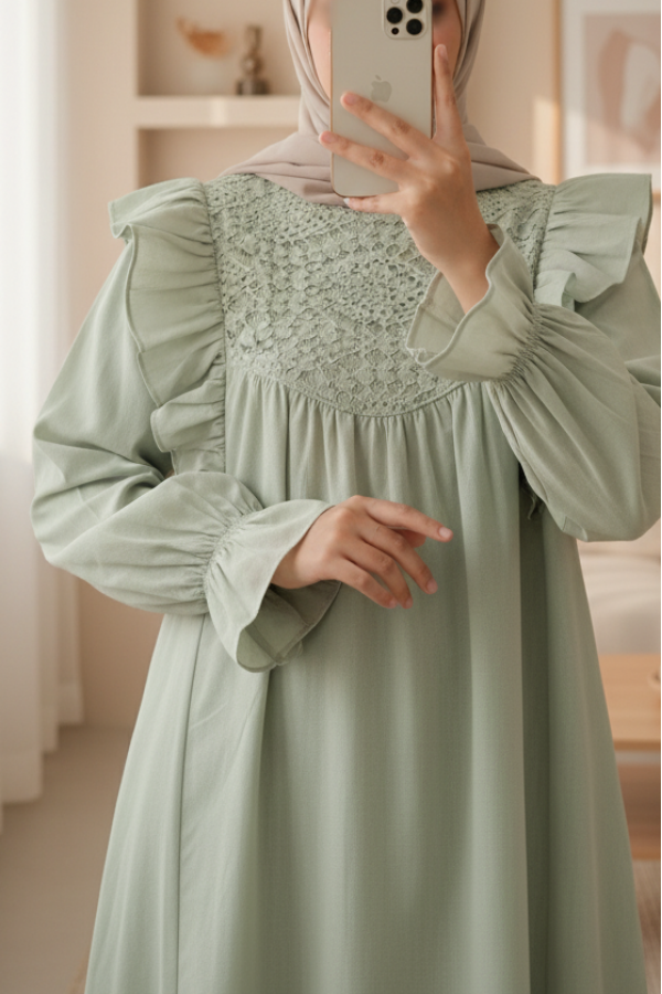 Linen Tunic with Ruffled Shoulders and Lace Embellishment     -Sea green