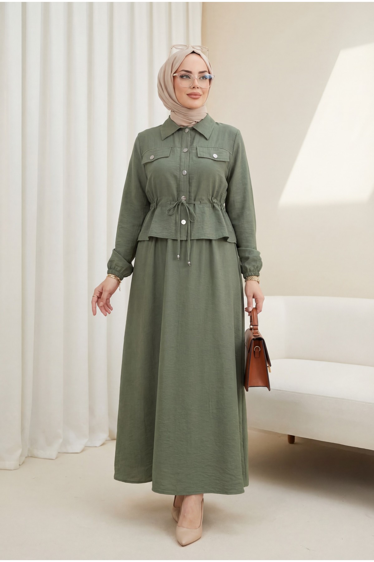 Metal Buttoned Waist Tied Shirt Vest Dress -Khaki