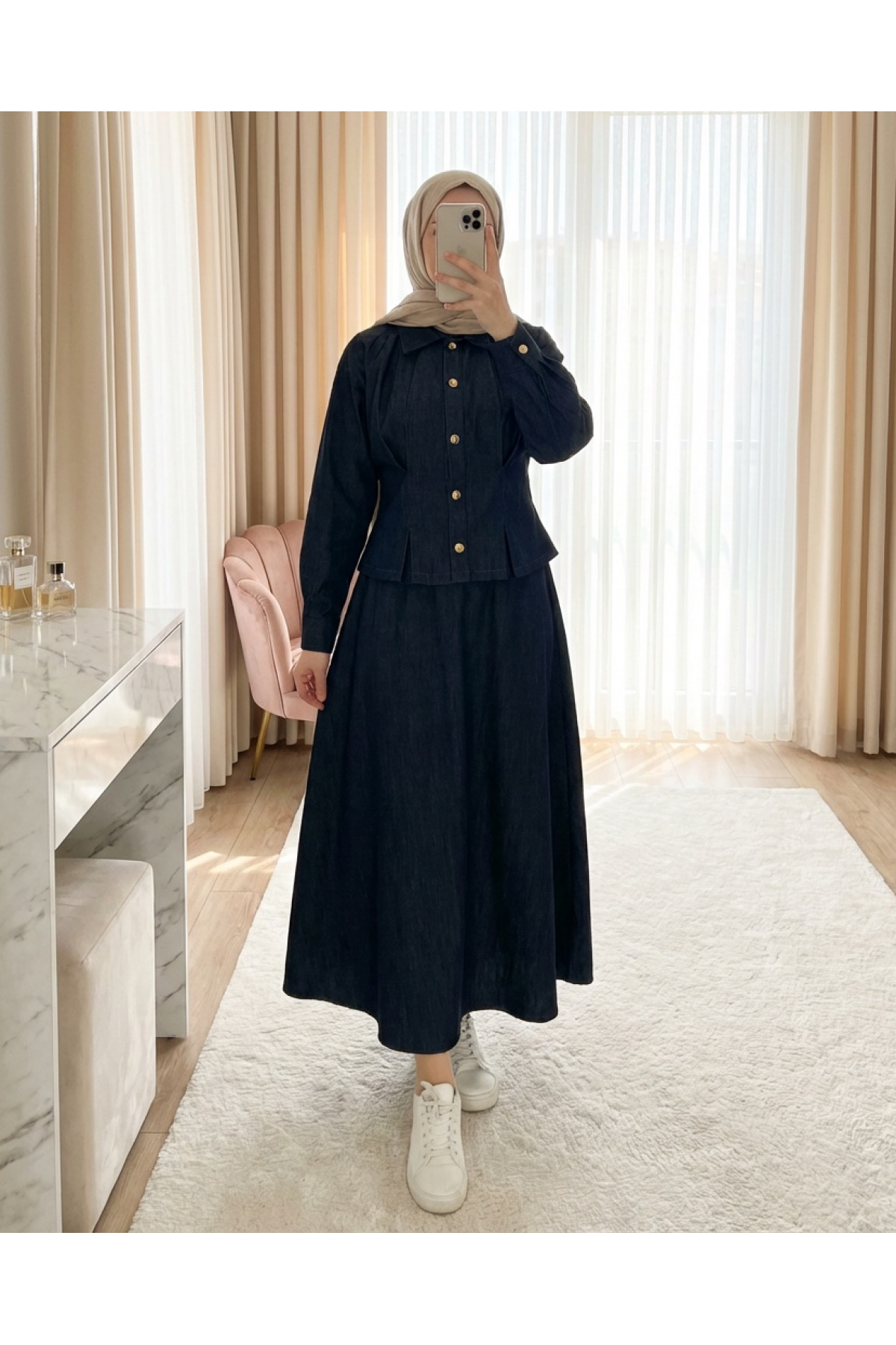 Snap-Button Shirt Collar Two-Piece Hijab Denim Skirt Set