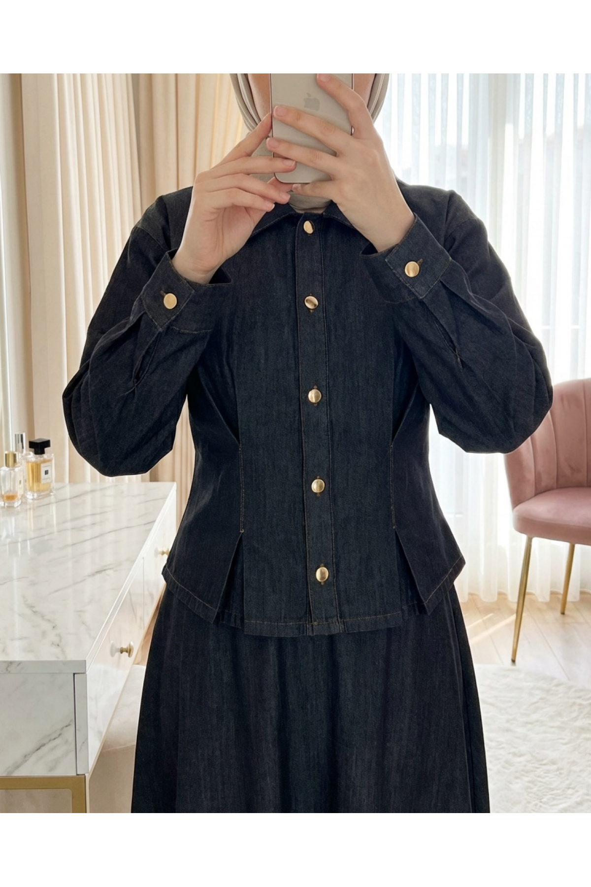 Snap-Button Shirt Collar Two-Piece Hijab Denim Skirt Set
