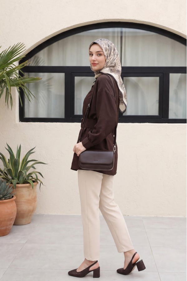 Cupra Shirt with Double Buckle Elastic Belt and Button Front -Dark Coffee