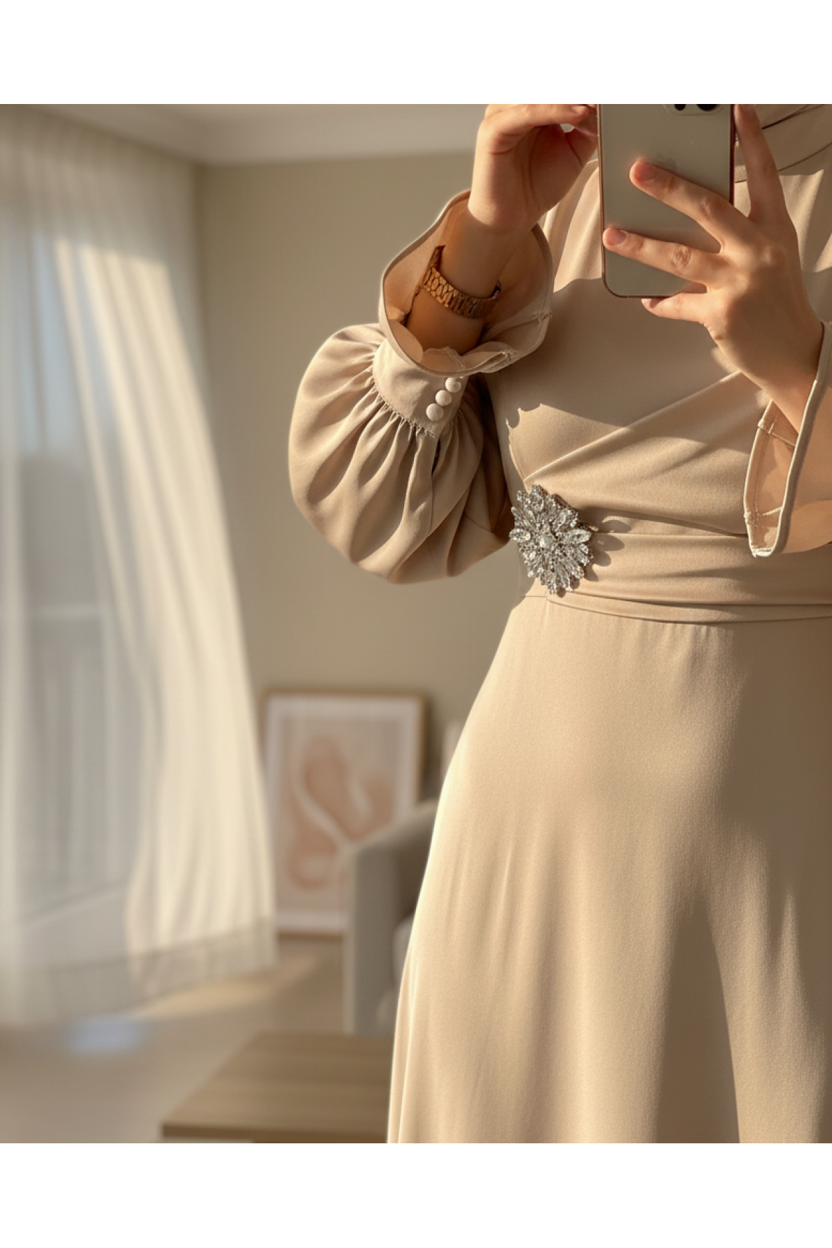 Satin Dress with Ruffled Cuffs and Stone Detail on the Front - Beige