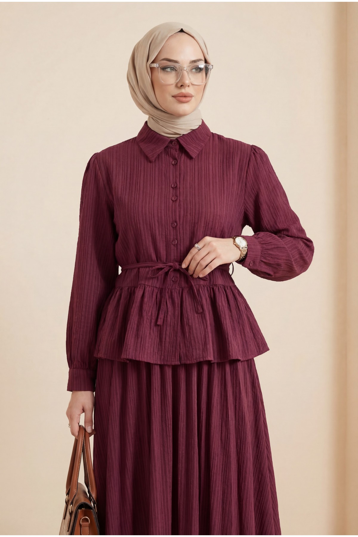 Eteği Fırfırlı Düğmeli Beli Bağcıklı Etekli Takım  -Bordo