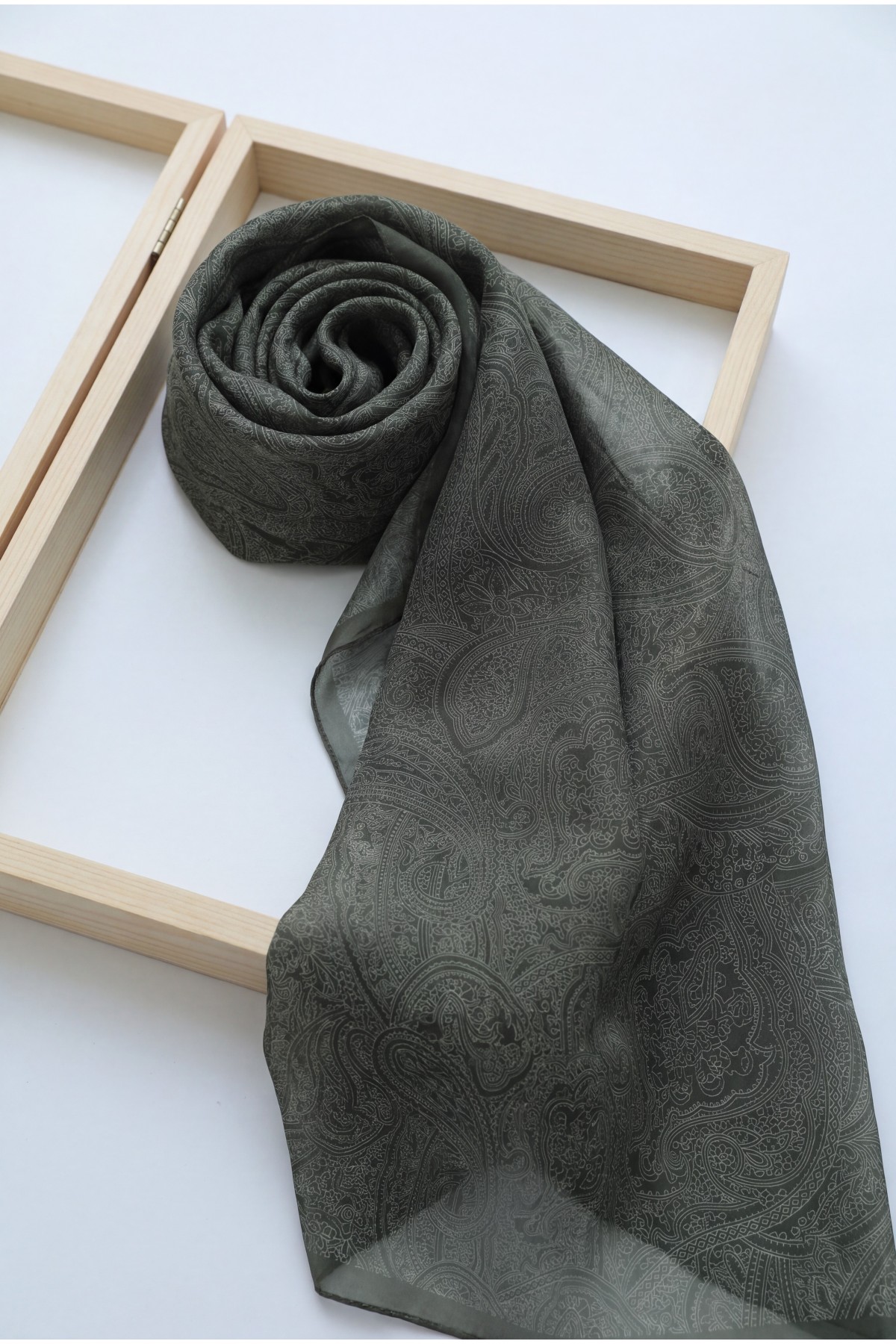 Fine Line Embroidered Cotton Scarf -Khaki