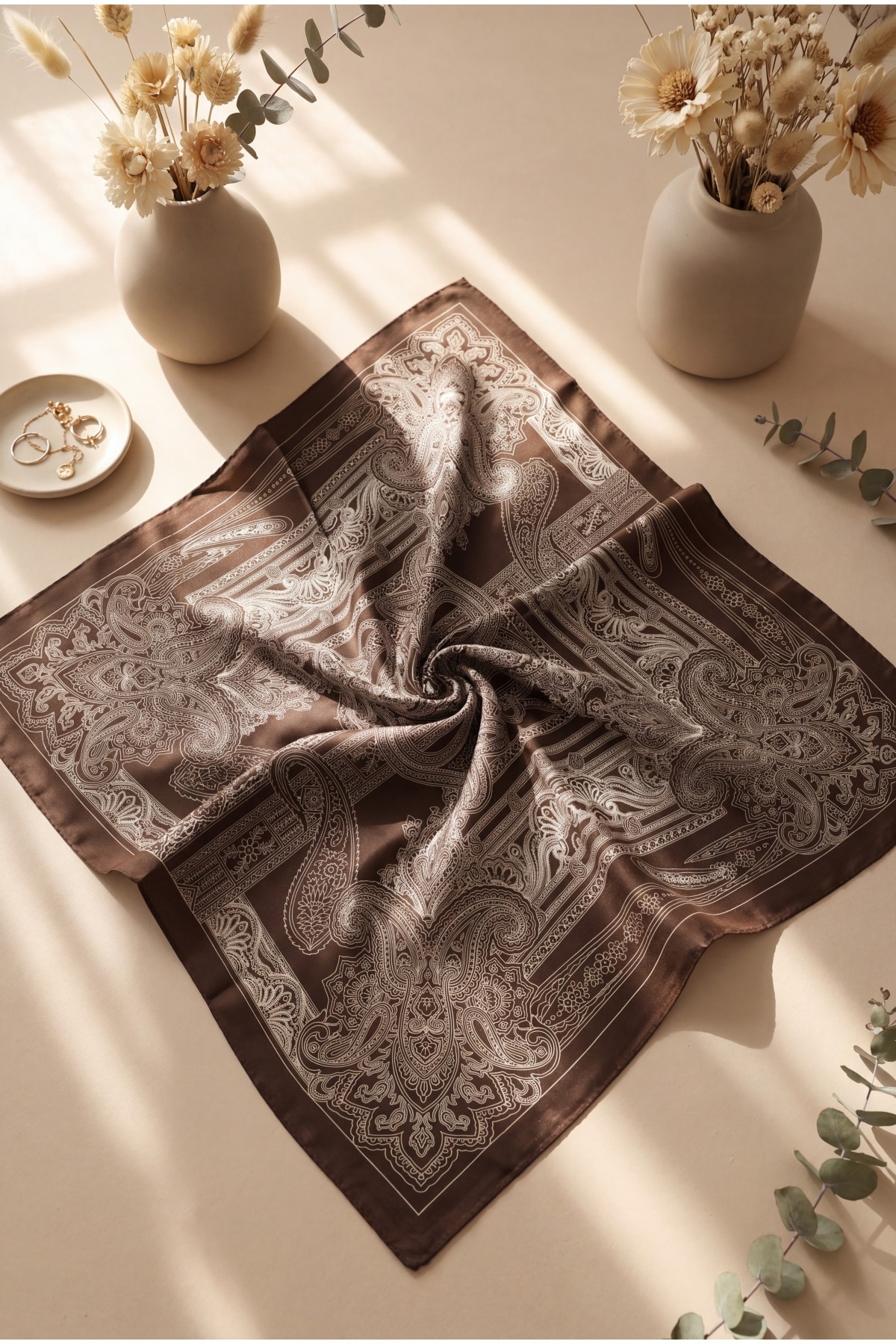 Eskiz Desenli Rayon Eşarp -Koyu Kahverengi