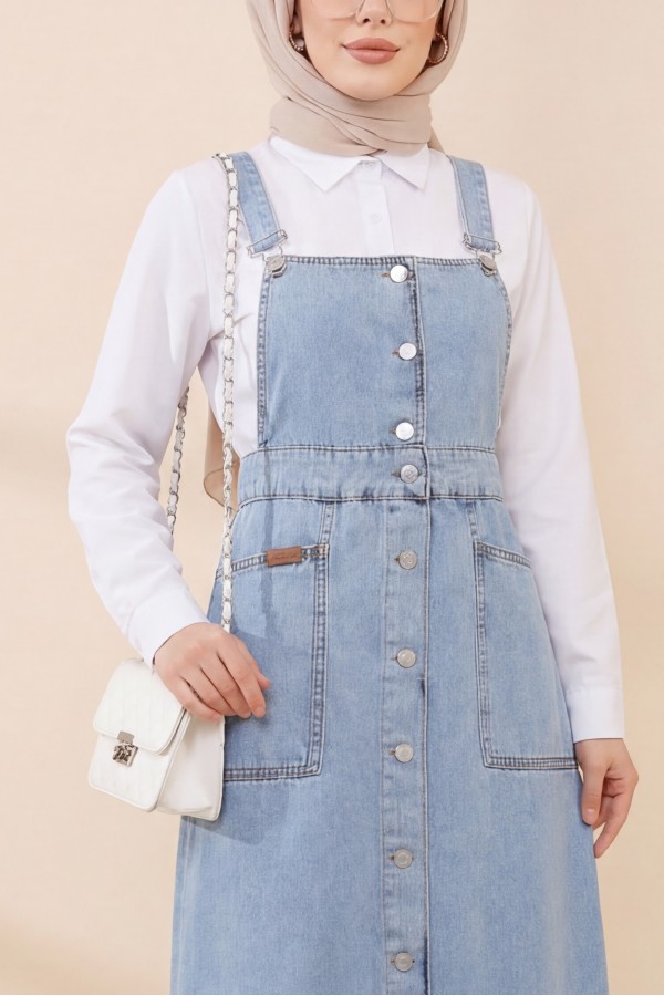 Buttoned Double Pocket Denim Overalls -Ice Blue