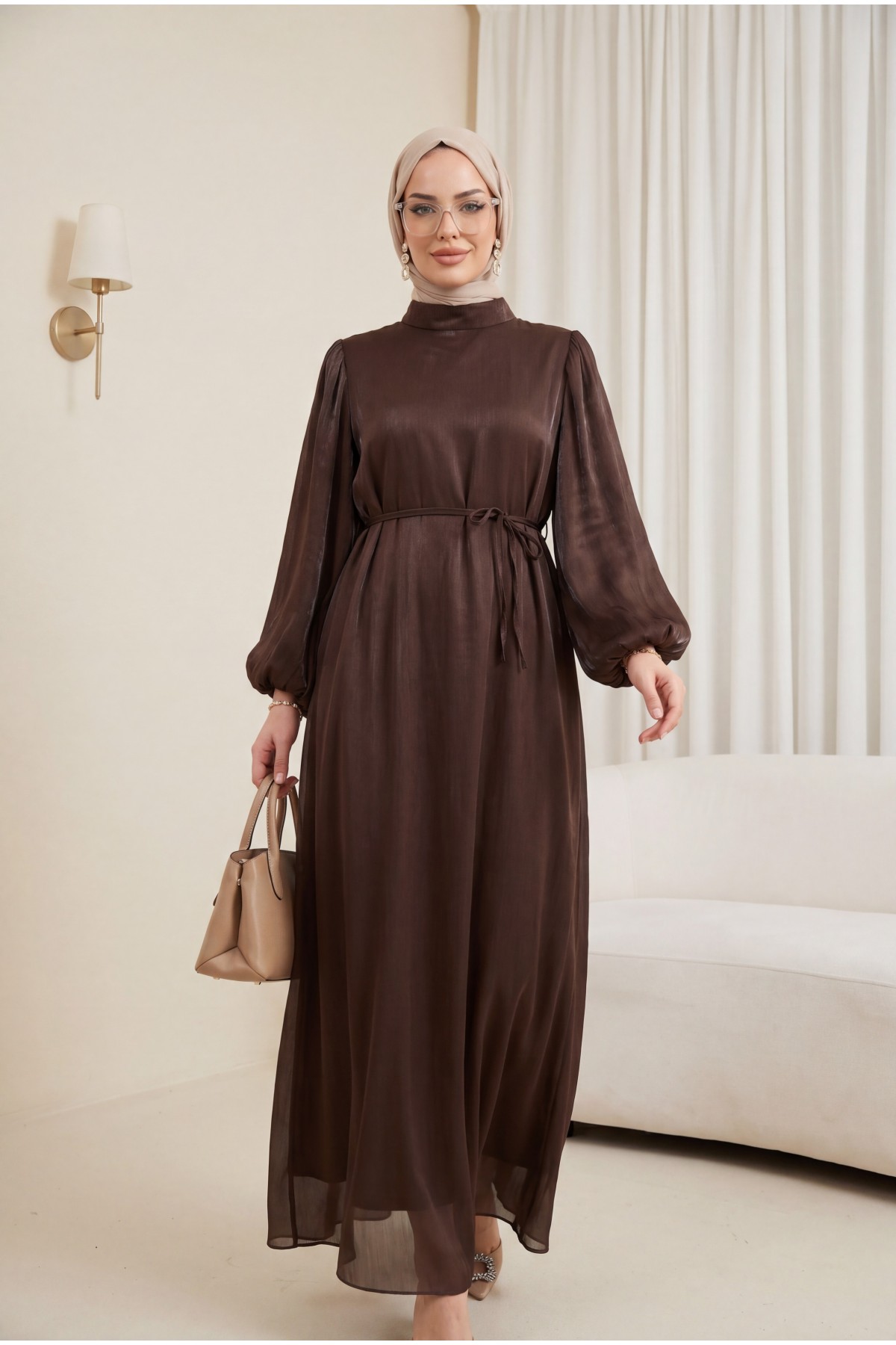 Belted, Elasticated Sleeve, Lined, Shimmering Evening Dress -Brown