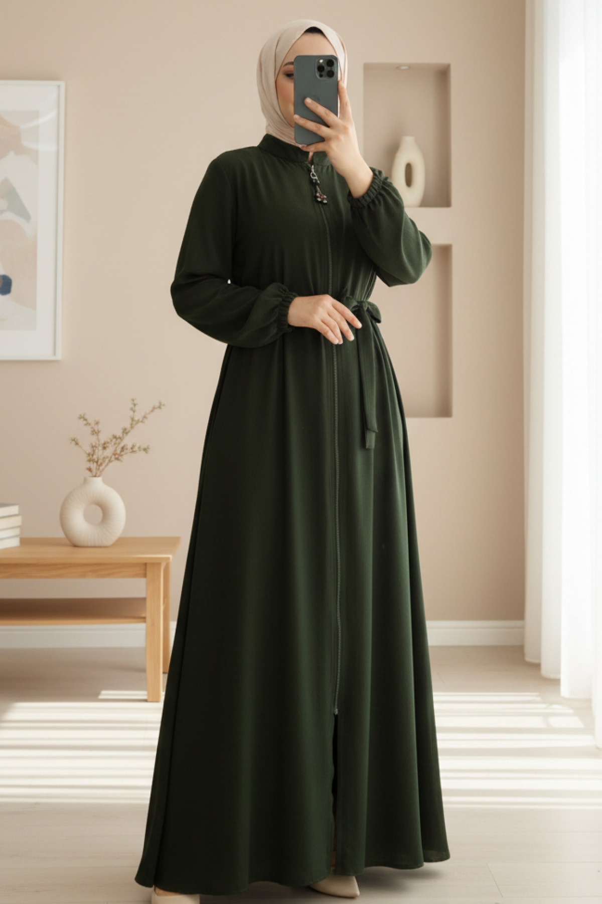Medina Silk Abaya with Zippered Sleeves and Elastic Waist Belt-Khaki