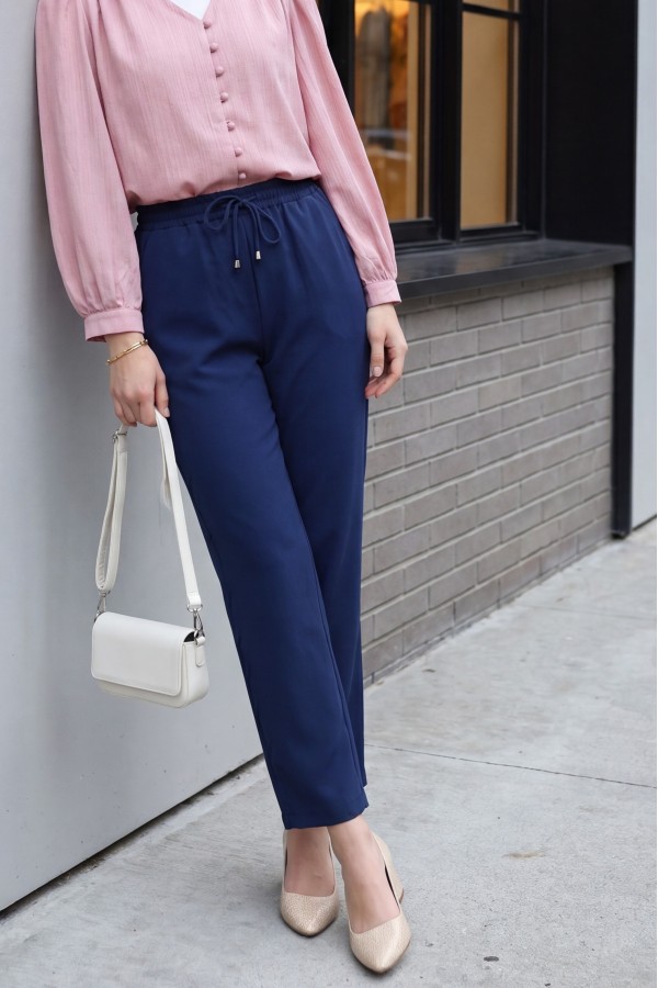 Slim Leg Trousers with Waist Lace -Oil color