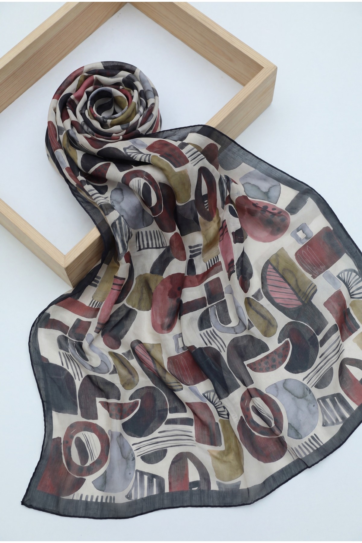 Watercolor Textured Graphic Pattern Cotton Scarf -Grey