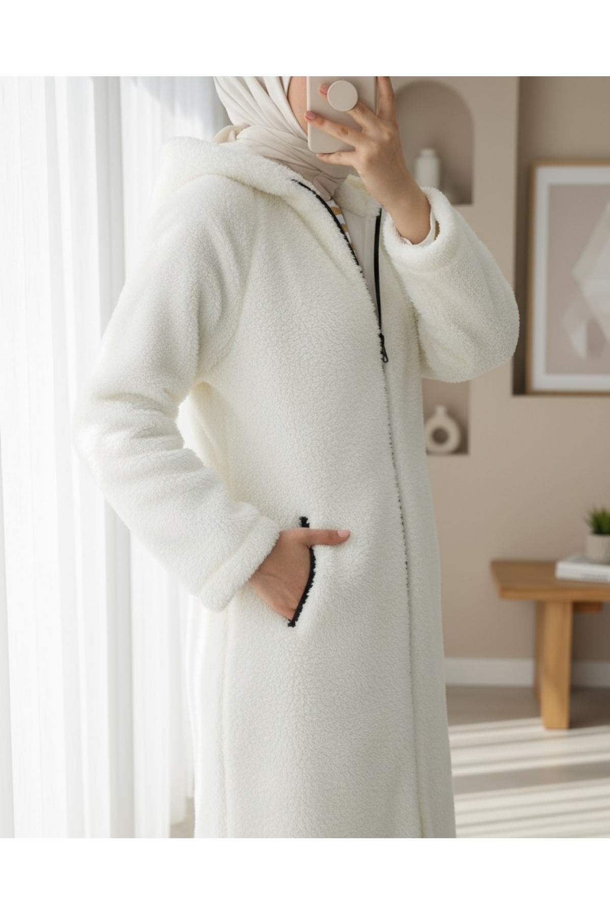 Lined Hooded Lamb Plush Winter Coat  -Ecru
