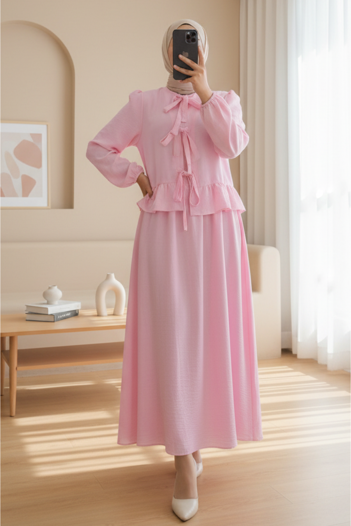 Önü Bağcıklı Kolu Lastikli Etekli Takım  -Pembe