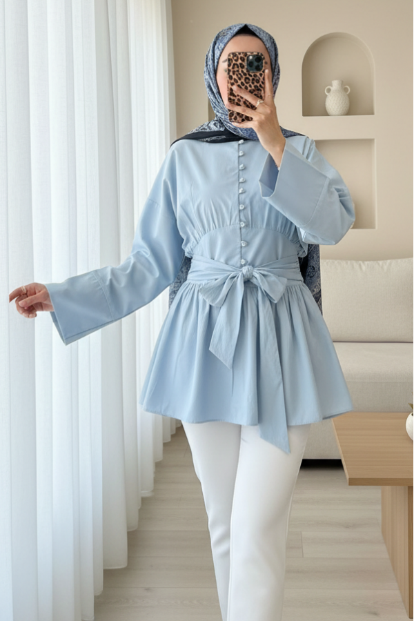 Beli Bağcıklı Boydan Taş Düğmeli Tunik -Bebe Mavi