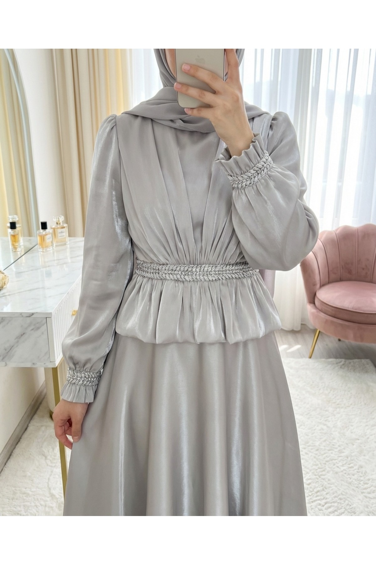 Satin Evening Dress with Ruffled Waist Detail and Rhinestone Embellishments -Stone