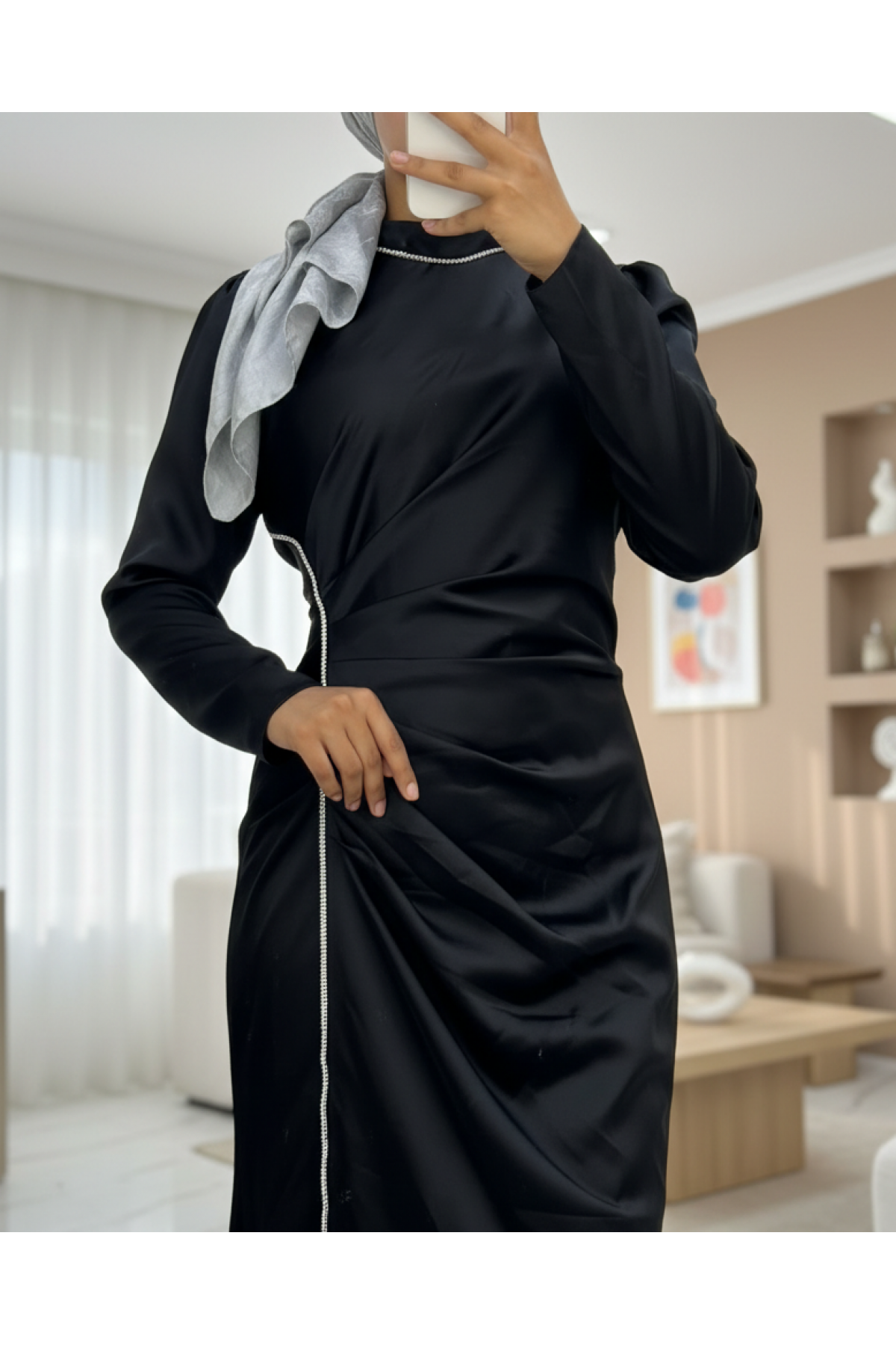 Stone-Striped, Draped-Waist Satin Evening Dress -Black