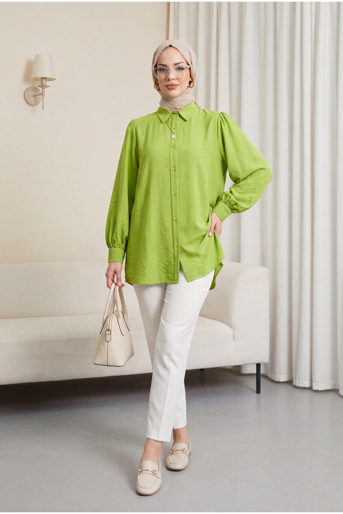 Balloon Sleeve Plain Tunic  -PISTACHIO GREEN