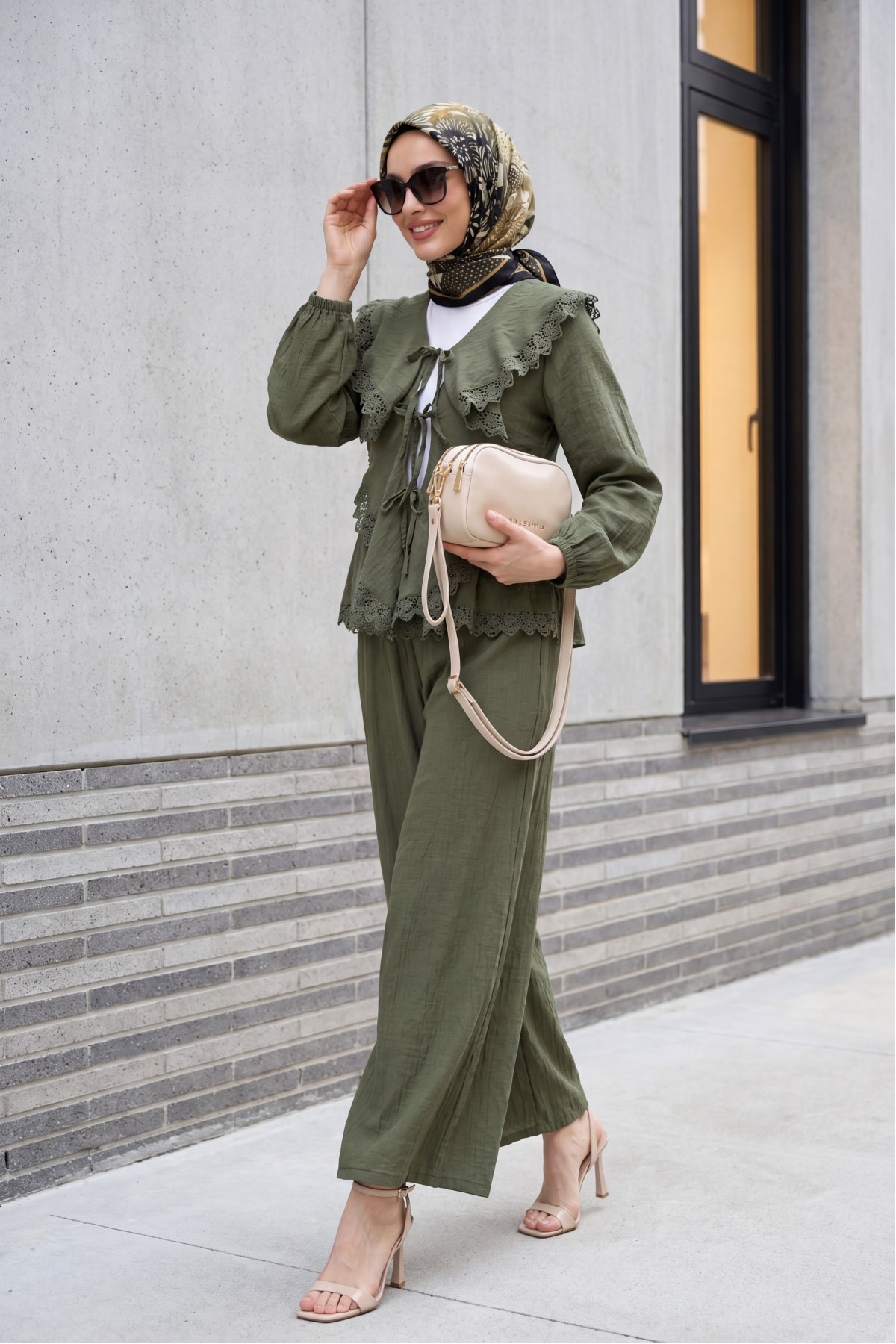 Strawberry Set with Lace Detail and Front Tie-Up Pants -Khaki